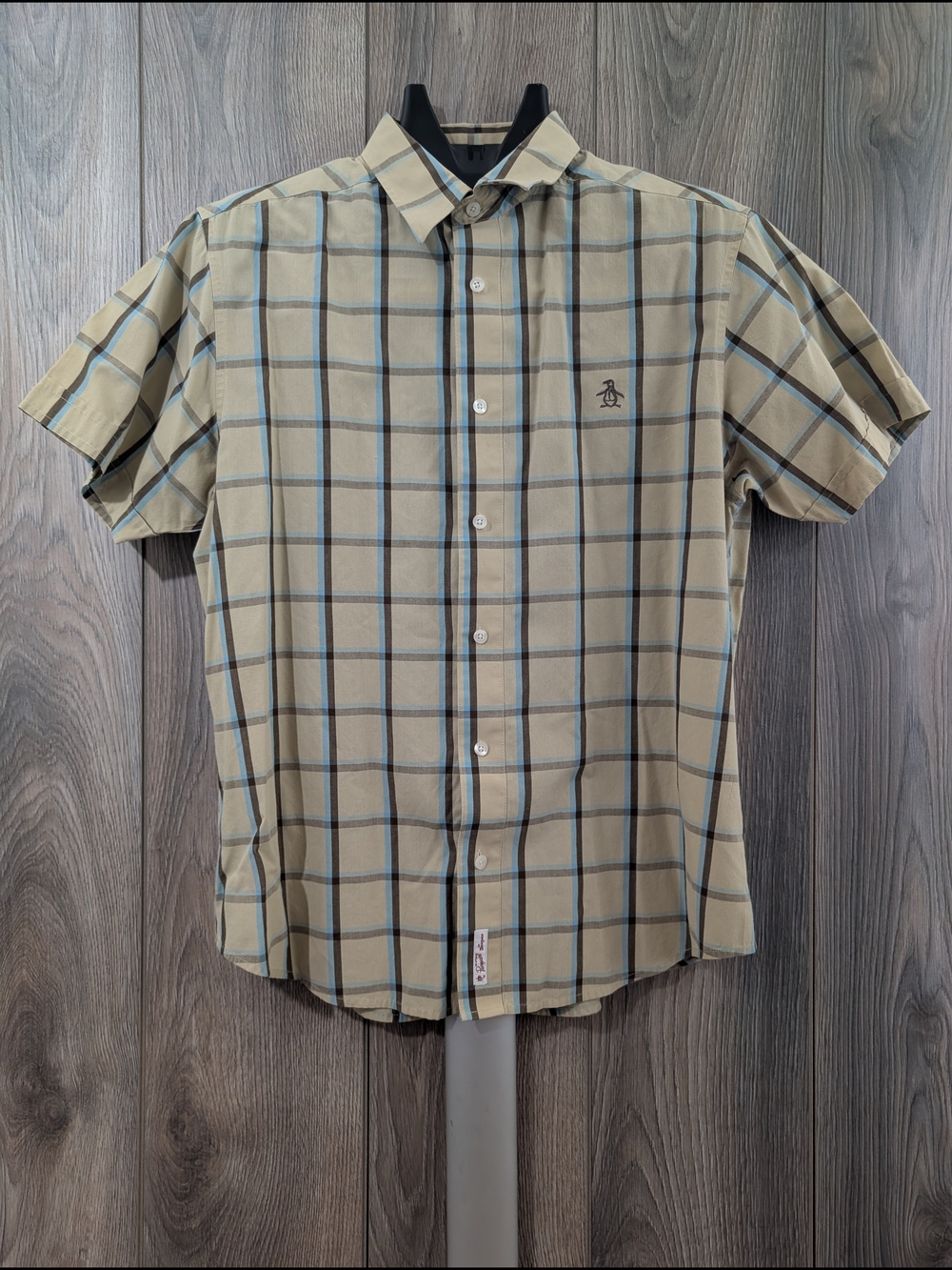 Original Penguin Beige Plaid Short-Sleeve Button-Down Shirt with Blue Accents
